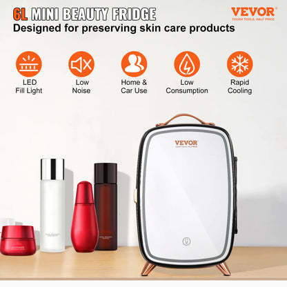 Mini Skincare Fridge with LED Mirror - 6L Beauty Refrigerator for Cosmetics